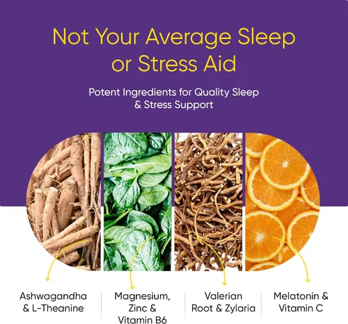 Vista 4 de Suplemento para aliviar el estrés y el sueño, ayuda natural para dormir 10 en 1 para adultos, multivitamínico diario con magnesio, melatonina