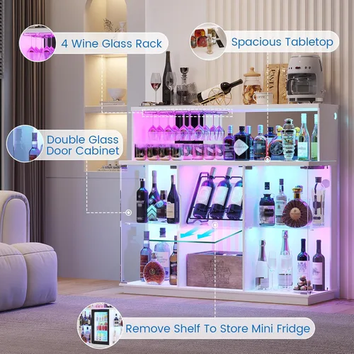 Vista 5 de 47" Coffee Bar Cabinet with RGB LED Lights and Wine Storage White