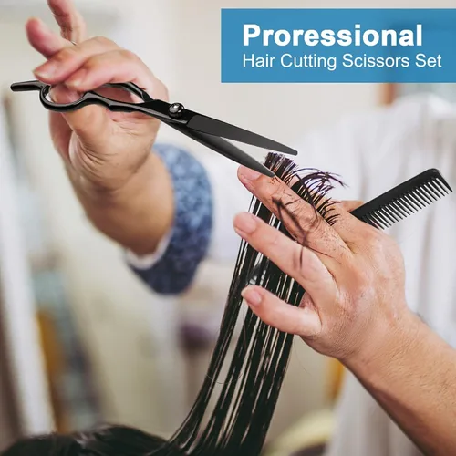 Vista 7 de Juego de 11 tijeras profesionales para el cabello, suministros de peluquería de acero inoxidable, incluyendo tijeras rectas, tijeras para adelgazar