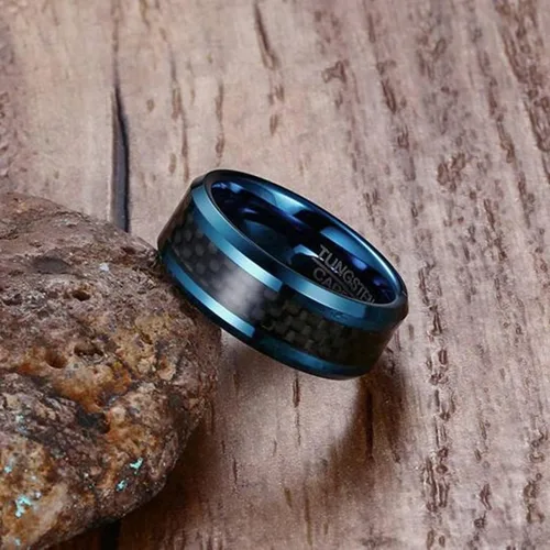 Vista 4 de Black and Blue Mens Wedding Band, Engravable Tungsten Rings for Men 8MM with Carbon Fiber Inlay