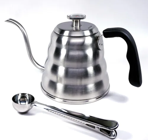 Vista 6 de Pour Over - Hervidor de café con termómetro de 1.2 litros, agarre de mano de cuello de cisne, acero inoxidable de primera calidad, cuchara de café