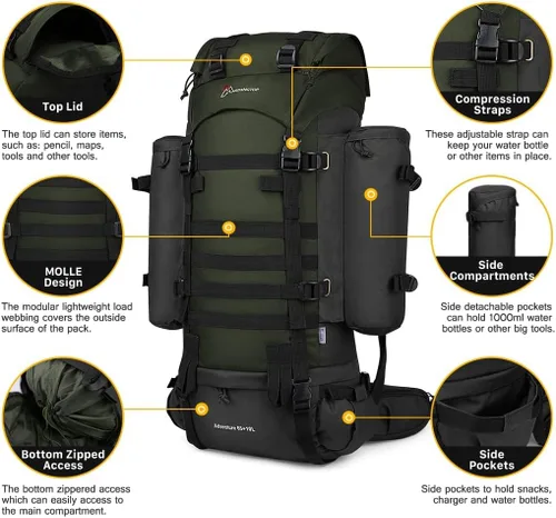 Vista 3 de Mardingtop Mochila de marco interno de 65L+10L para senderismo, camping, caza, mochila de mochilero con cubierta de lluvia