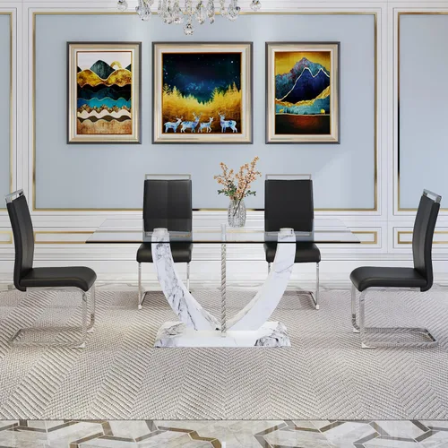 Vista 8 de JUFU Juego de mesa de comedor de cristal de 71 pulgadas para 6, juego de mesa de comedor moderno con base de textura de mármol sintético blanco