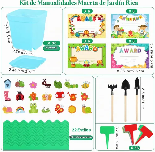 Vista 2 de Elcoho Juego de 36 macetas de plástico para jardín, kit de manualidades de primavera para niños, macetas con 150 calcomanías de espuma, 36