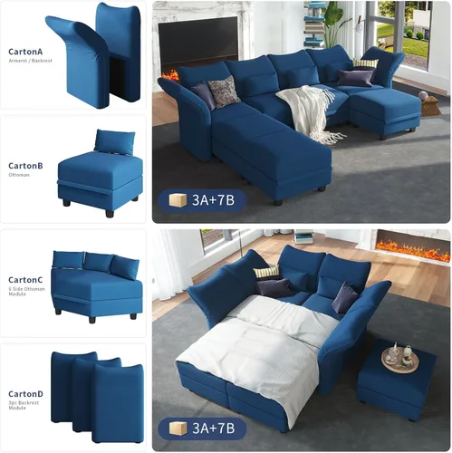Vista 5 de LLappuil Sofá modular modular en forma de L con diván reversible convertible de 5 plazas con almacenamiento para sala de estar, color azul