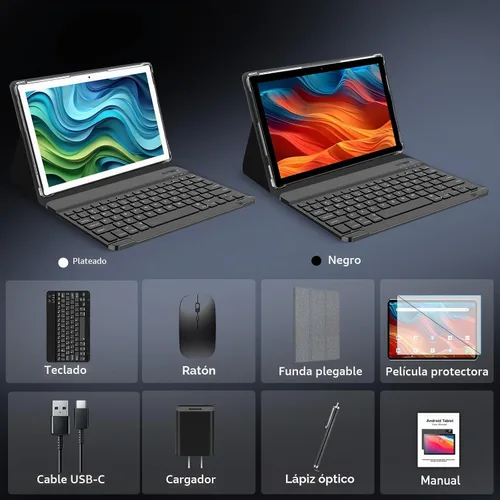 Vista 6 de Tablet Android de 10.1 pulgadas, 8 GB + 128 GB, 2 en 1 negro con kit de Octa-Core, expansión de 1 TB, cámara de 13 MP+8 MP, batería de 7000 mAh