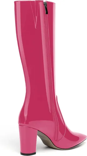 Vista 138 de AMBELIGHT Botas altas hasta la rodilla con cremallera y puntera puntiaguda para mujer, de patente sólida, tacón alto, 3.3 pulgadas