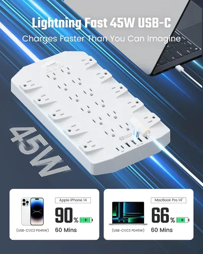 Vista 3 de Protector de sobretensiones de regleta de alimentación de 45 W con PD USB-C, SUPERDANNY 1875W/15A, 2100J, cable de extensión de montaje de enchufe