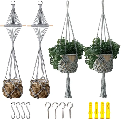 Vista 9 de Maceta Colgante con Patrones, Juego de 4 Colgadores de Macramé para Plantas de Interior, para Macetas de hasta 8 Pulgadas, Soporte de Ganchillo Boho