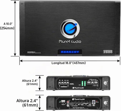 Vista 4 de Planet Audio AC1000.2 Anarchy amplificador estable de 2 ohmios, rango completo de 1000 W, clase A/B, de 2 canales, 2600 vatios máx. Estable a 2 ohm.