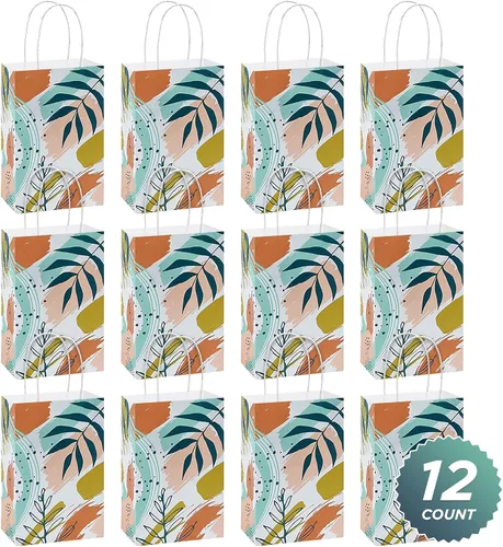 Vista 2 de HOME & HOOPLA Bolsas de regalo de papel con estampado de hojas bohemias y bolsas para recuerdos de fiesta, pequeñas de 5.25 x 3.5 x 8.25 pulgadas