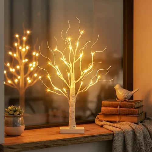 Vista 3 de EAMBRITE Árbol de abedul con luces LED, decoraciones de Navidad para el hogar interior con temporizador, mini lámpara artificial iluminada, árbol