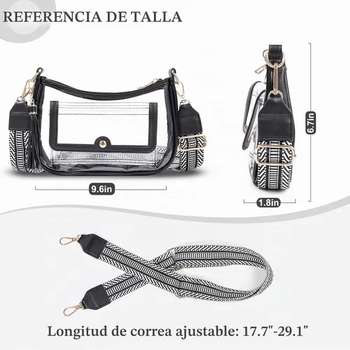 Vista 4 de Bolsa transparente para eventos de estadio, monederos transparentes para mujer, bandolera aprobada para estadios Negro
