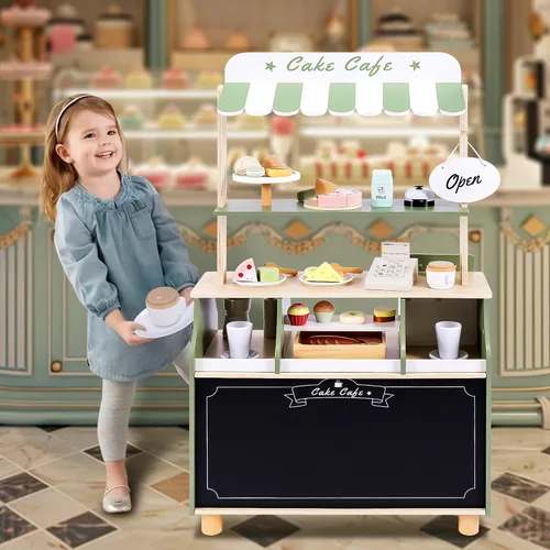 Vista 6 de Juego de madera para cafetería, tienda de comestibles de simulación con alimentos de juguete, 37 PCS Soporte realista de sessert para panadería