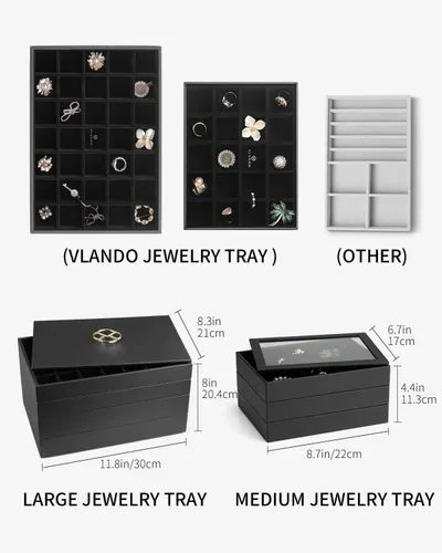 Vista 5 de Vlando Bandeja de joyería, caja organizadora de joyas apilable para cajón, aparador de armario, collar, aretes, anillos, pulseras para mujeres