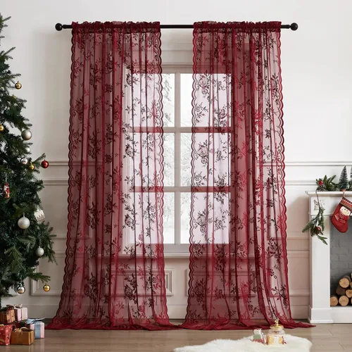 Vista 52 de Cortinas de encaje beige, juego de 2 paneles de cortinas traslúcidas con bolsillo para cortinero, decoración de ventana pequeña, baño, sótano