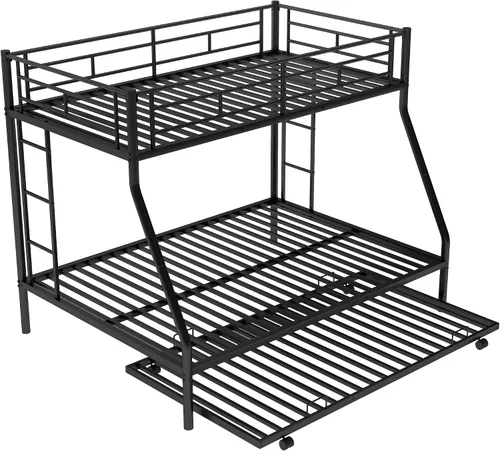 Vista 7 de Litera de metal individual sobre cama matrimonial con nido, marco de cama de metal resistente de acero resistente con escaleras de dos lados