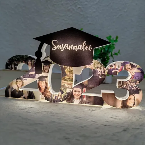 Vista 10 de Luces de pared personalizadas para collage de fotos de 1 a 10 años, gorra de graduación, luz acrílica, decoraciones de temporada de graduación
