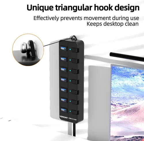 Vista 5 de Concentrador USB, concentrador USB 3.0 de 7 puertos, divisor USB VEMONT con interruptores y luces individuales de encendido/apagado, cable largo USB