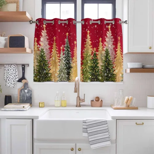 Vista 32 de Libaoge Cortinas de Navidad para cocina, dormitorio, juego de 2 paneles, diseño de muñeco de nieve de Navidad, cortinas de invierno con copos