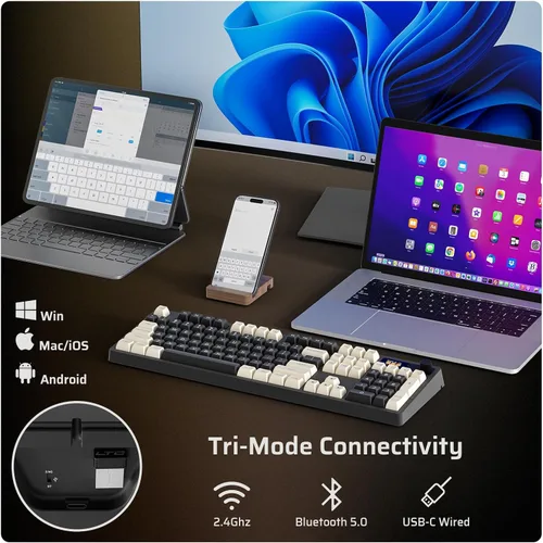 Vista 5 de LTC Nimbleback NB1041 PRO - Teclado mecánico inalámbrico con pantalla de visualización y perilla, 2.4 GHzBTUSB-C con cable RGB 104 teclas, teclado