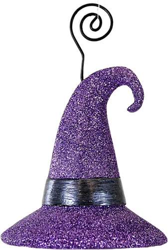 Vista 2 de Bethany Lowe Sombrero De Bruja Purpurina Purpurina Polyresin Halloween Lugar Tarjetero - Un Adorno 4.5 Pulgadas - Tf2234 - Púrpura