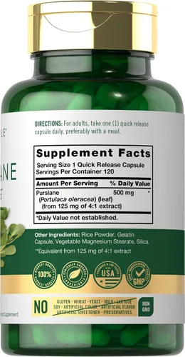 Vista 2 de Carlyle Cápsulas de verdolaga 500mg 120 unidades Extracto de Portulaca Oleracea Suplemento sin OGM, sin gluten