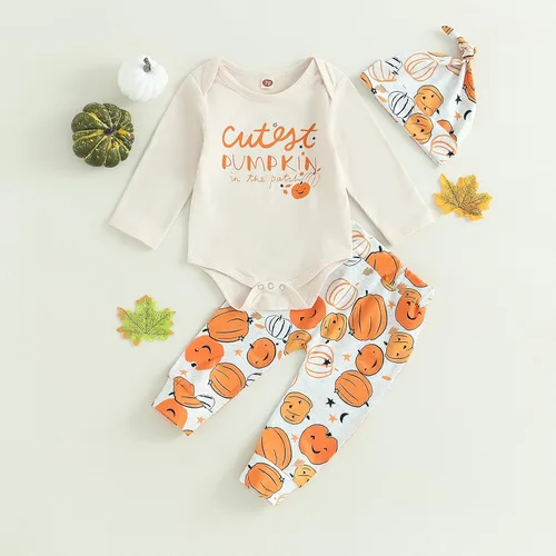 Vista 7 de FIOMVA My First Halloween Outfits Recién Nacido Bebé Niña Niño Calabaza Enterizo Enterizo + Pantalones Largos Sombrero Conjunto Lindo Otoño Invierno