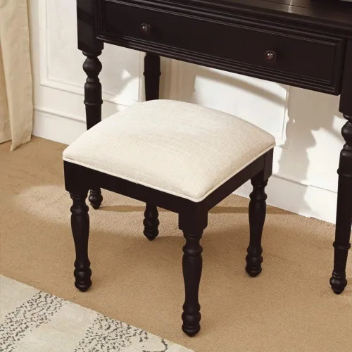 Vista 2 de URFORESTIC Taburete de tocador de madera de roble, moderno taburete de maquillaje con superficie de asiento cóncavo, capacidad de 300 libras, fácil