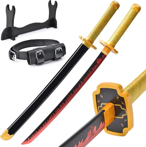Vista 7 de Demon Slayer - Espada para niños de 31 pulgadas, hoja de bambú con cinturón y soporte de espada, espada de anime de textura original, Katana Demon