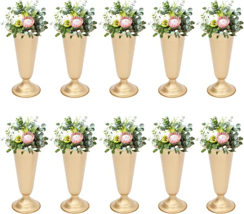 Vista 21 de Juego de 10 portavelas de metal dorado de 10.2 pulgadas de alto, florero, arreglo floral, candelabro, candelabro, portavelas para bodas, fiestas