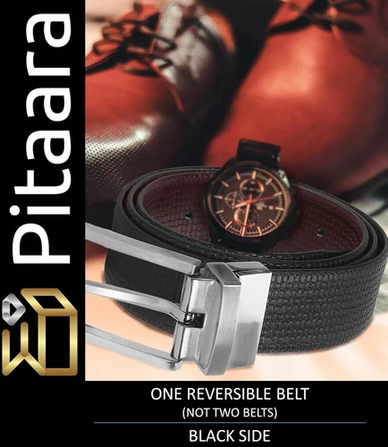 Vista 5 de Pitaara Cinturón reversible de cuero genuino para hombres, patrón de impresión de caja (negromarrón)