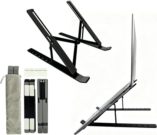 Vista 10 de Soporte para computadora portátil de escritorio, soporte para iPad, aleación de aluminio, plegable portátil, 7 niveles ajustables, ergonómico