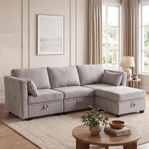 Vista 22 de Sofá con Otomano en Forma de L Pequeño con Asientos Almacenables de 57" Sofá Seccional Modular con Brazos y Respaldo Reclinables Sofá Convertible