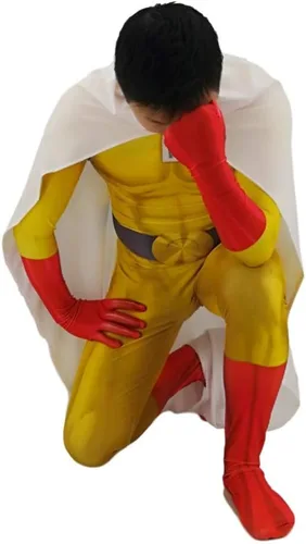 Vista 6 de Saitam - Enterizo de superhéroe para Halloween, traje de una pieza con capa para cosplay