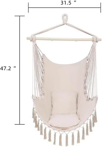 Vista 5 de Silla colgante hamaca – Asiento columpio de cuerda de algodón – máximo 250 libras – 2 cojines incluidos – para interior y exterior, dormitorio, Beige