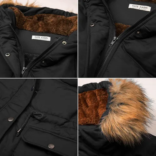 Vista 6 de Kate Kasin Abrigo de invierno con capucha para mujer, de piel sintética, parkas, para exteriores