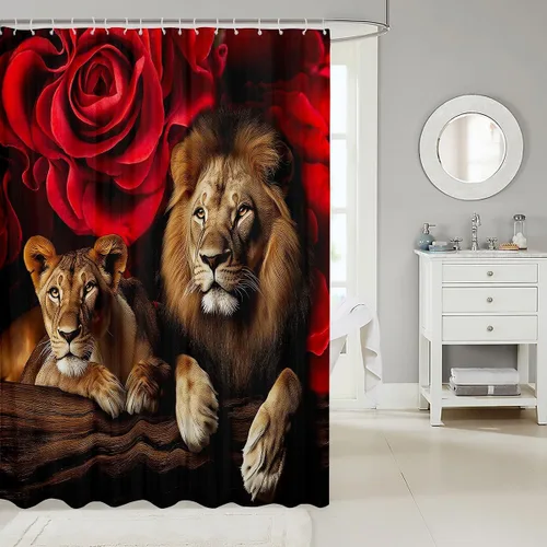 Vista 2 de Erosebridal Cortina de ducha para decoración de baño, con estampado de leones y rosas, para niños, adolescentes, niños, niñas, habitación del hogar
