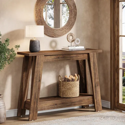 Vista 9 de Tribesigns Mesa consola de granja de 41.3 pulgadas, mesa de entrada de madera de 2 niveles con almacenamiento, rústica estrecha detrás del sofá