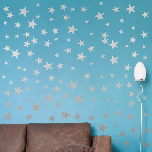 Vista 2 de Calcomanías de vinilo con diseño de estrellas para cuarto de bebé, dormitorio, habitación de niños o niñas, sala de juegos, aula, sala de estar Plata