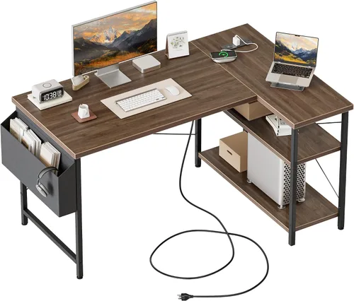 Vista 45 de Mericonia Escritorio pequeño en forma de L para computadora con tomas de corriente, escritorio de juegos para espacios pequeños, escritorio
