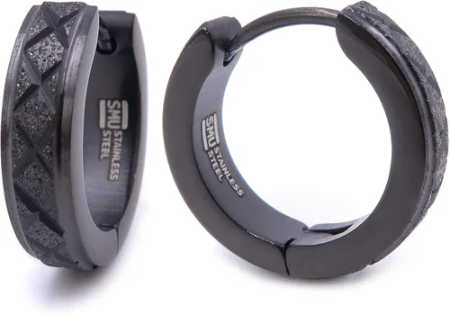 Vista 6 de Pendientes de aro para hombre de acero inoxidable con rayas cruzadas de oro negro plateado borde biselado 0.630 in