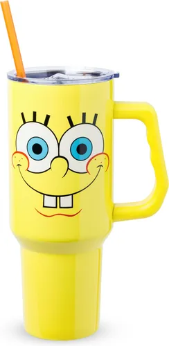 Vista 19 de Silver Buffalo Adventure Time With BMO - Vaso de acero inoxidable de doble pared con asa y pajilla, cabe en portavasos estándar, 40 onzas