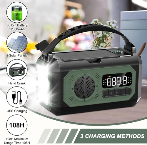 Vista 4 de Radio de emergencia de 12000 mAh, radio portátil de alerta meteorológica AM/FM/NOAA, manivela con linterna, lámpara de lectura, alarma SOS, cargador
