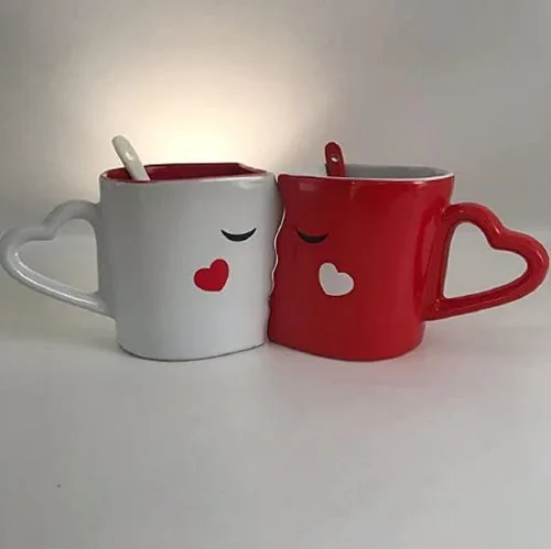 Vista 2 de THE FASHION - Juego de 2 tazas de café creativas – Tazón de cerámica de doble tazón de cerámica Kiss Día de San Valentín tazas y tazas – Cerámica
