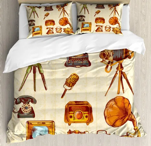 Vista 8 de Ambesonne Juego de funda de edredón natural, pájaros flamencos y palmeras en Miami, exóticos paisajes naturales tropicales, juego de ropa de cama