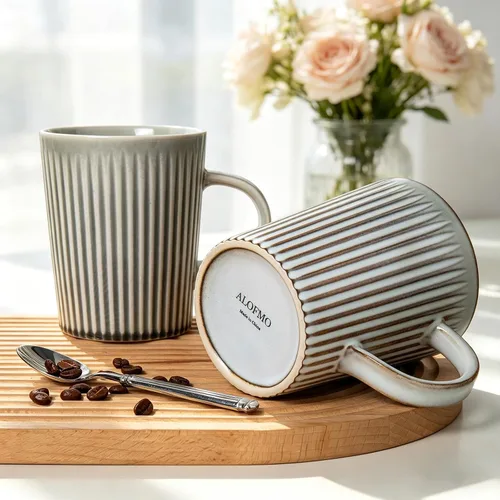 Vista 5 de Juego de 4 tazas de café, tazas de café grandes de cerámica a rayas de 16