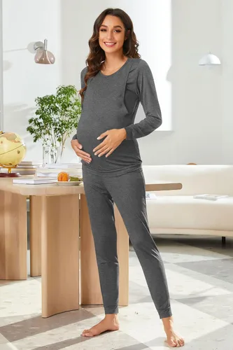 Vista 3 de Ekouaer Conjunto de ropa interior térmica de maternidad y lactancia, conjunto de pantalones largos de punto a rayas, capa base superior e inferior