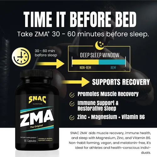 Vista 3 de SNAC ZMA El suplemento original de recuperación y sueño, promueve la recuperación muscular, apoyo inmunológico y sueño reparador con zinc, magnesio