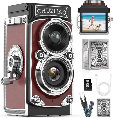 Vista 9 de Cámara digital retro de Chuzhao, cámara vintage portátil estilo TLR de doble lente, 12MP con enfoque automático, 1080P FHD, cámara de apuntar